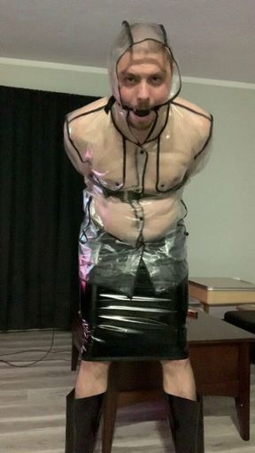 Self bondage clear plastic raincoat