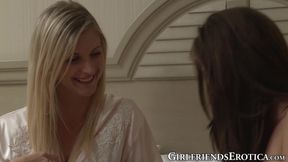 Blonde lesbian devours Lily Carter's natural tits and pussy