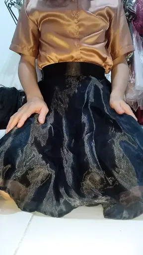 Asian crossdresser masturbate wearing satin blouse and taffeta skirt