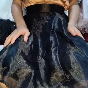 Asian crossdresser masturbate wearing satin blouse and taffeta skirt