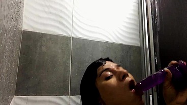 Watch my shower show - dildo deepthroat, dildo assfuck and final cum.