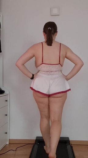 Treadmill Lingerie Tease - Walking in Cute Home Outfits with Bounce & Jiggling