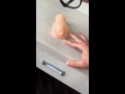 Twink licks own cum from fake pussy