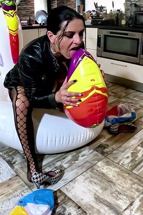 Dominant Biker Leather MILF Inflatable Office Fantasy. Beach Balls, Oral, Doggy and Cum Play