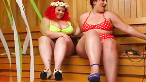 Two big breasted BBWs playing with their slave boy