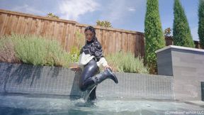 Maria in the Pool wearing Leggings, Sweater and Hunter Boots