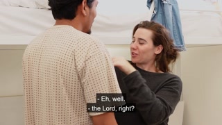 The roommates fool around while rehearsing a script.