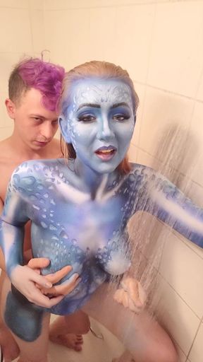X-men Mystique Body Paint Shower Removal & Fucking