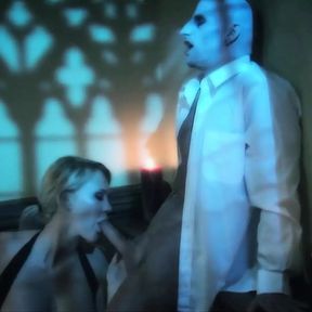 A pale vampire pounds the blonde milf with big tits on the staircase before giving her a facial