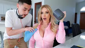 Professional businesswoman needs assistant stepson's help after wardrobe malfunction gets messy