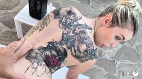 Tattooed hunk Christian Clay breaks busty Marica Chanelle's ass