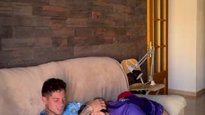 Hot amateur wife gets a fat cock handjob while playing FIFA with her stepbro