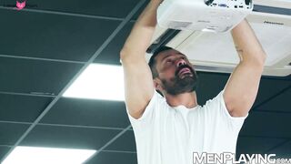 Suited stud Cristian Sam drills Manuel Reyes ass deep in office