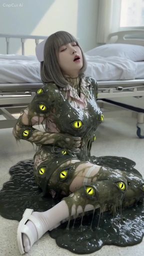 Japanese nurse covered in wet slime