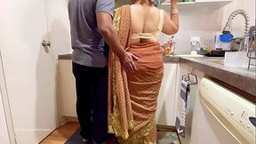 Indian Couple Romance in the Kitchen - Saree Sex - Saree lifted up and Ass Spanked