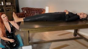 Stella Lies On Her Back In Black Suit And Weronika Tickle And Lick Her Feet In Tan Pantyhose - Tickling Part