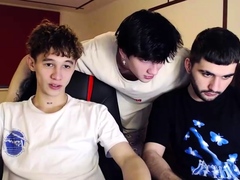 Three handsome gay hunks having wild group sex