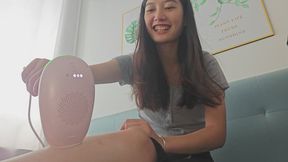 Extreme close up of Domi using IPL for leg hair removal