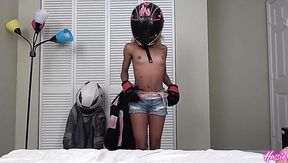 Ebony MILF biker gets used to spreading her legs! A thick cock explores her cosmic womb!