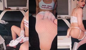 Stinky feet femboy worships slave gets ruined by big dick