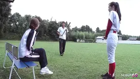 Japanese mature couple seduce skinny teen in outdoor FFM 3some