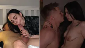 Teen girl gives sloppy blowjob to huge cock