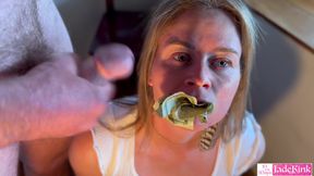 Pretty slut stuffing her pussy with money, blowjob and facial