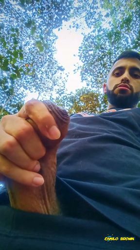 Big uncut cock latino jerking outdoors in the woods and eating his tasty cum careful not to get caught   Clip 2