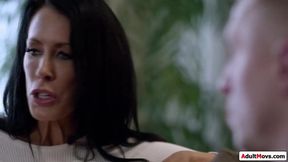 Busty stepmom shows her stepson her big boobs while he jerks his big cock ifo her.The big tits milf gives a handjob and is licked until she orgasms
