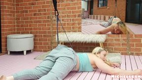 Blonde mature lady in thong gets unexpected hanging wedge