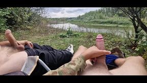Filmed a military man jerking off a tourist on the street. Public fuck, lots of cum