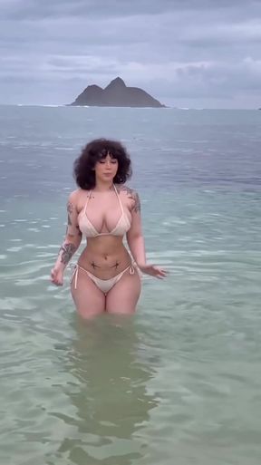 Curvy brunette shows off her big tits and thick ass