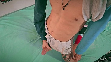 Sport Twink Magic C Jerking His Big Cock Through The Side of His Shorts