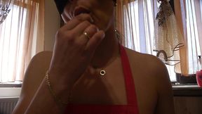 🍳 cooking in red apron & stockings – buttplug surprise & fetish play