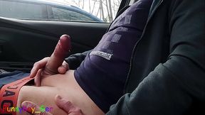 Alone in the car I watch people and jerk off. Then I cum hot on my shirt. Luckily I didn'_t get caught.