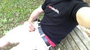 I cum standing up, POV over your face. I jerk-off at the public park on the bench. Verbal masturbation. Full video.