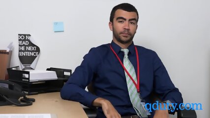 Bareback doggystyle for a gay stud in a wild and kinky office meeting.