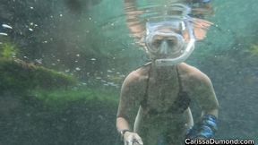 Carissa underwater in sheer pantyhose and leather bikini top then shark leggings transition