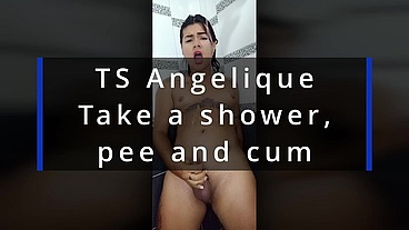 TS Angelique - take a shower, pee and cum - full version