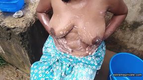 Busty Indian stepmom soaping outdoors