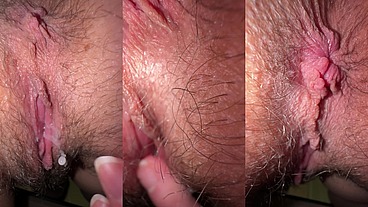 My fucking wet hole, begging for a dick during ovulation. Close-up of a slut's hairy pussy and anus. Pussy fingering