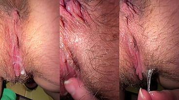 My fucking wet hole, begging for a dick during ovulation. Close-up of a slut's hairy pussy and anus. Pussy fingering
