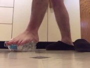 Crushing different bottles, first with slippers, then my barefeet