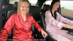 Jade and Anastasia practice driving after a pajama party