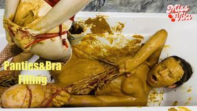 Lingerie filling and tearing! Peanut butter masturbation + flour!