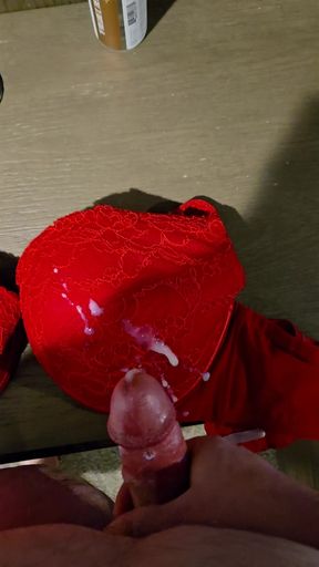 Cumming on red bra