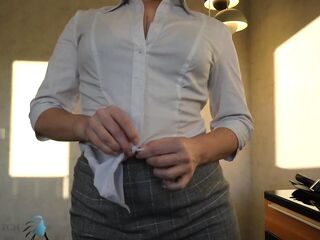 serious business woman slides into her sexy leather petticoat after work - ends with a biggest semen stain