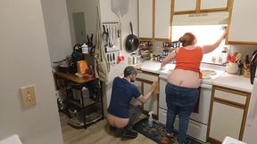 Couples Buttcracks Exposed Cleaning Kitchen Cabinets