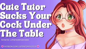 Cute nerdy girl deepthroats your cock while tutoring you under the table