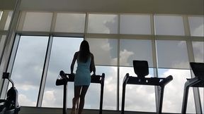 Hottie goes to the gym in a dress, gets sweaty and pees